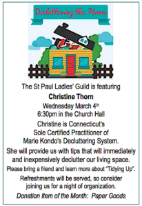 A poster for KonMari Consultant Christine Thorn's presentation for the St. Paul Ladies' Guild in Berlin/Kensington Connecticut.